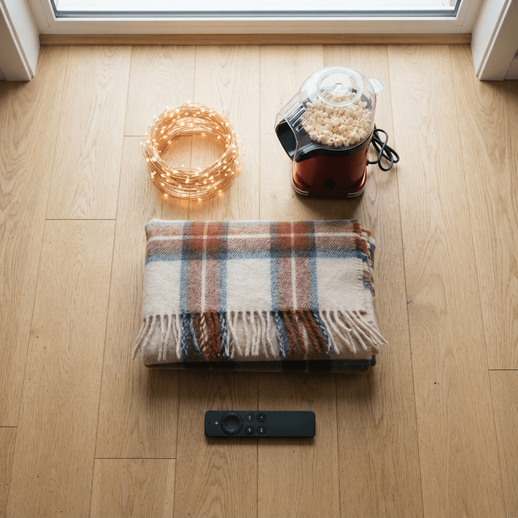 An overhead flat-lay of movie-night gear — string lights, a popcorn machine, a folded blanket and a remote — neatly arranged before setup