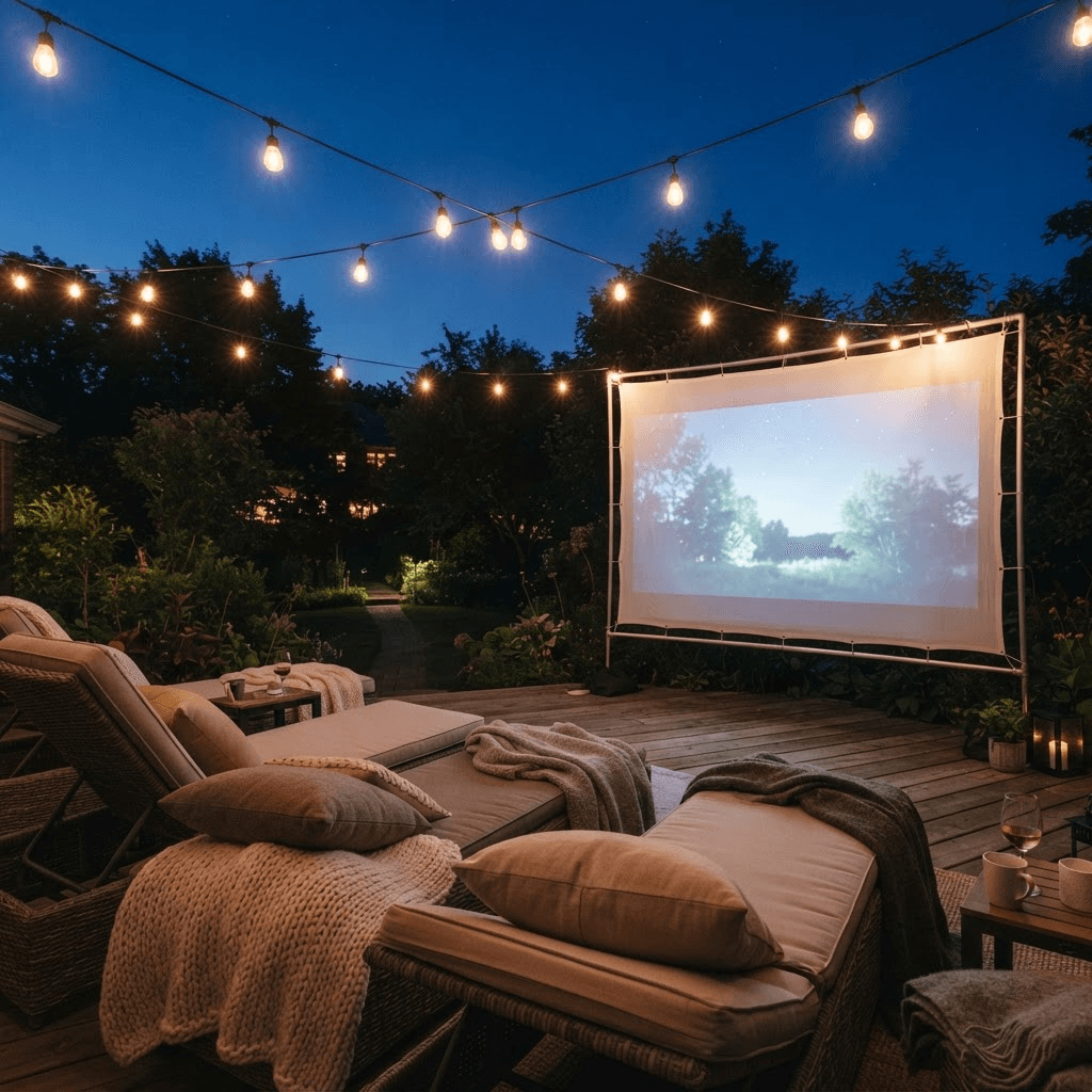 A glowing backyard movie screen at dusk seen from behind a row of cozy lounge chairs and pillows