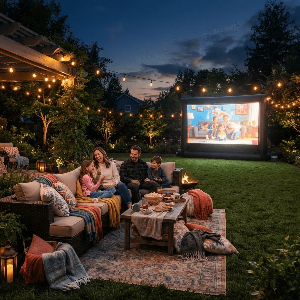 The same equipment set up into a finished, glowing backyard movie scene at dusk