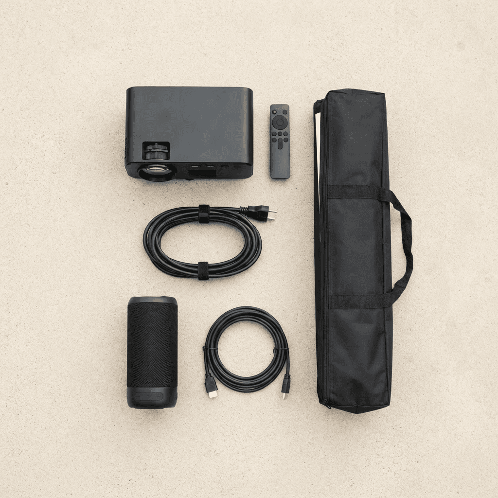 An overhead flat-lay of representative movie-night equipment arranged neatly before setup